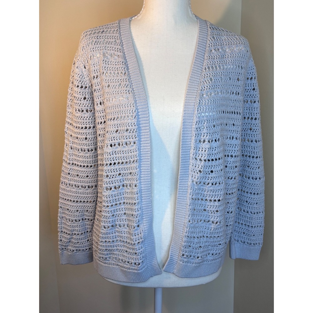 Ann Taylor Factory Blue Cotton Crochet Pointelle Open Front Cardigan NWT M